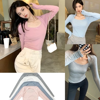 Korean🧧 เสื้อยืดคอกว้างแขนยาว คอเสื้อด้านหลังแต่งสูง ทรงเข้ารูป 4 สี