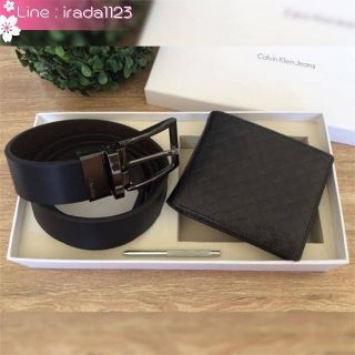 Calvin Klein Leather Belt &amp; Wallet Set ของแท้ ราคาถูก