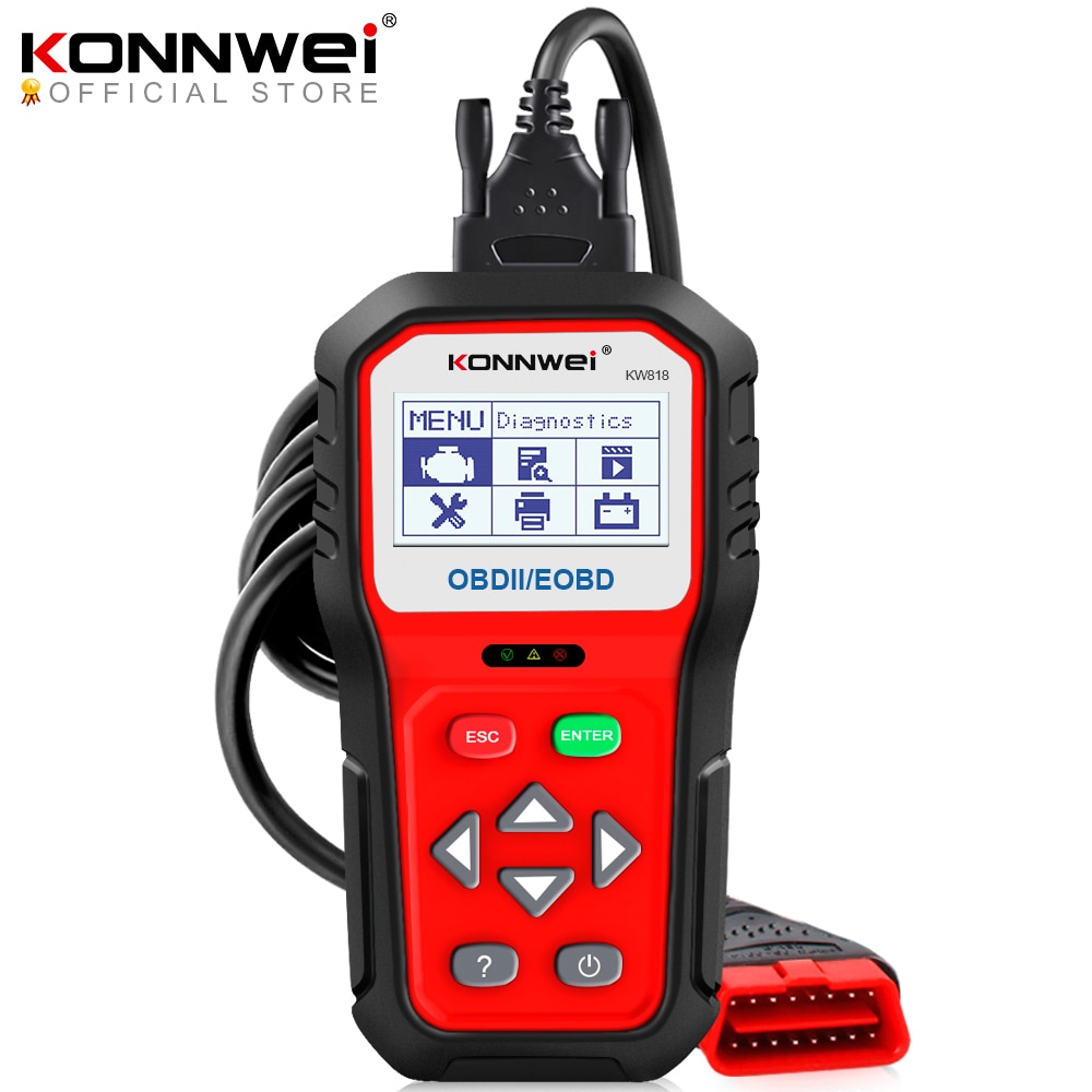 KONNWEI KW818 Enhanced OBDII ODB2 EOBD เครื่องสแกนเนอร์วินิจฉัยรถยนต์ 12V เครื่องทดสอบแบตเตอรี่ตรวจส