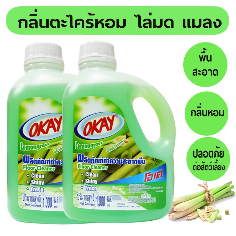 🔥สุดคุ้ม โอเค น้ำยาทำความสะอาดพื้น ไล่มด ไล่แมลง (FCG1000*2) ถูพื้น เช็ดพื้น กลิ่นตะไคร้ OKAY 2 ขวด