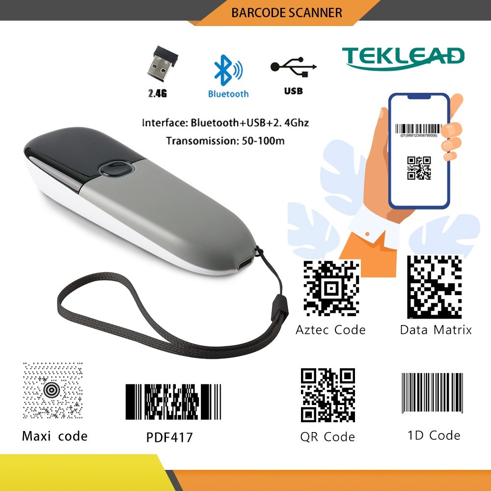 Teklead Pocket แบบพกพา 1D/2D Bluetooth Barcode Scanner 2.4G ไร้สายสําหรับ 1D 2D QR Code Reader Andro