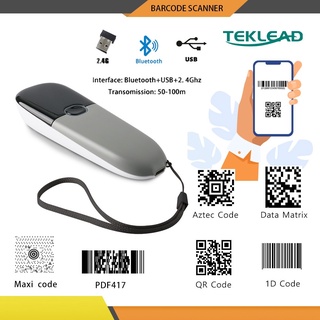 Teklead เครื่องสแกนบาร์โค้ดบลูทูธไร้สาย 2D 2.4G แบบพกพา สําหรับเครื่องอ่านโค้ด 1D 2D QR Androdi IOS Windows System