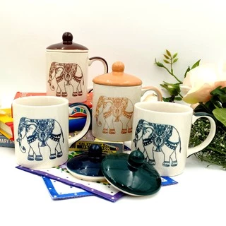 🍵🐘 SPP – LYCHANG แก้ว พร้อมฝา เซรามิค ชากาแฟ ทรงกระบอก แก้วมัค ลายไทย ลายช้าง Thai Elephant Mug w/ Lid