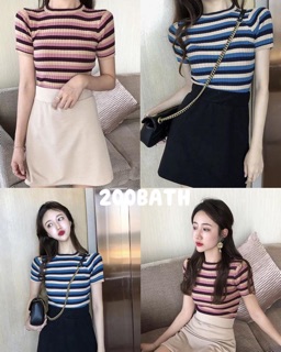 เสื้อไหมพรมเนื้อนิ่มใส่สบาย ลายริ้วสลับสี ผ้ายืดได้เยอะมาก