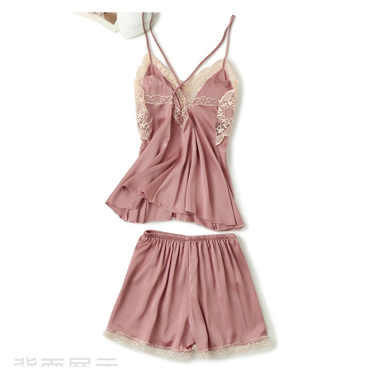 2 ชิ้น ผู้หญิง เซ็กซี่ ผ้าไหมซาติน ชุดนอน ชุดนอนลูกไม้ ชุดนอนฤดูร้อน ชุดนอนแฟชั่น ชุดนอน - รูปที่ 2