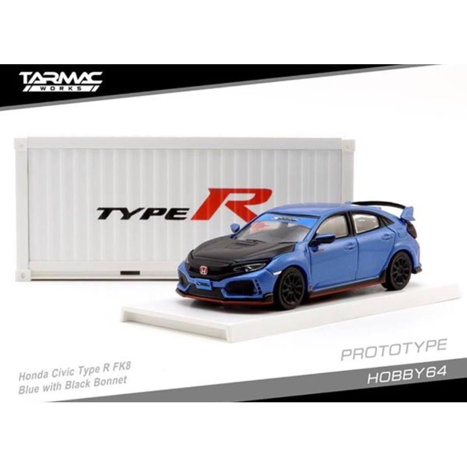 โมเดลรถเหล็ก - Tarmac Works HOBBY64 Model Car - Honda Civic Type R FK8 Blue with Black Bonnet Tuned 