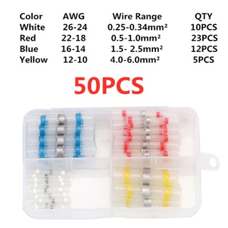 50pcs high quality ขั้วต่อจีบแบบหดตัวด้วยความร้อน 50 ชิ้น Heat Shrink Butt Crimp Terminals Waterproof Solder Seal Electrical Connectors Wire power Cable Splice Kit Automotive Marine