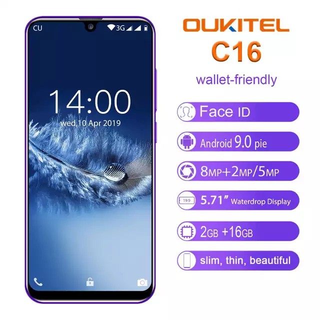 OUKITEL C16 4G กันน้ำ สมาร์ทโฟน จอ 5.71นิ้ว 2GB แรม 16GB รอม แบตอึด2600mAh แอมป์ Android 9.0 Dual Camera Unlock