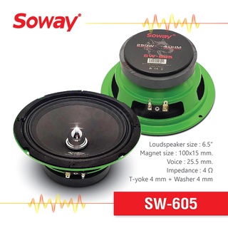 Soway SW-605 ลำโพง เสียงกลาง ขนาด 6.5 นิ้ว แม่เหล็ก 100x15mm. Voice 25.5mm 4Ω Power 250W เครื่องเสียงติดรถยนต์ 1ดอก