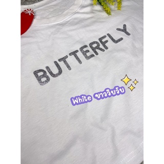 (ลด 50 ใส่โค้ด UNICBTF) Butterfly เสื้อยืด เสื้อครอปคอกลมทรงoversize (สีขาว - White - ลายสรีนกลิตเตอร์สีเงิน) พร้อมส่ง