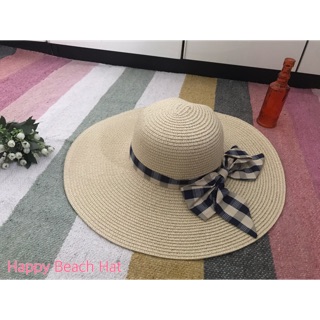 หมวกปีกสาน Happy Beach Hat สีครีม ตกแต่งโบว์ลายสก๊อต