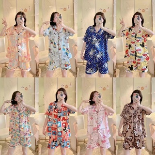 ชุดนอนผู้หญิง แขนสั้นขาสั้น ชุดนอนผ้าซาติน ผ้านุ่ม ใส่นอนสบา…