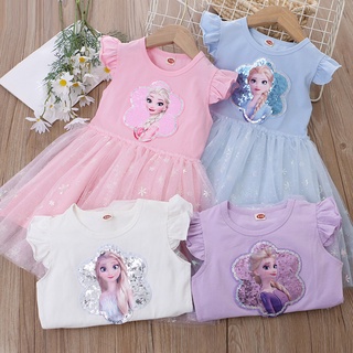 [Frozen Dress] เสื้อเชิ้ตแขนสั้น ผ้าฝ้าย ลายเจ้าหญิงเอลซ่า สําหรับเด็กผู้หญิง อายุ 3-10 ปี