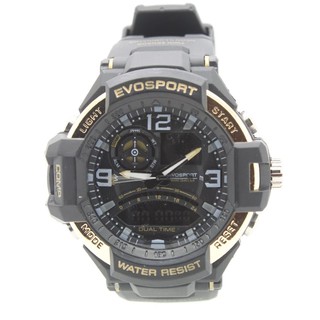 Evosport นาฬิกาข้อมือชาย สายยาง 2 ระบบ (เข็มและDigital) - ES20018 (Black-Gold)