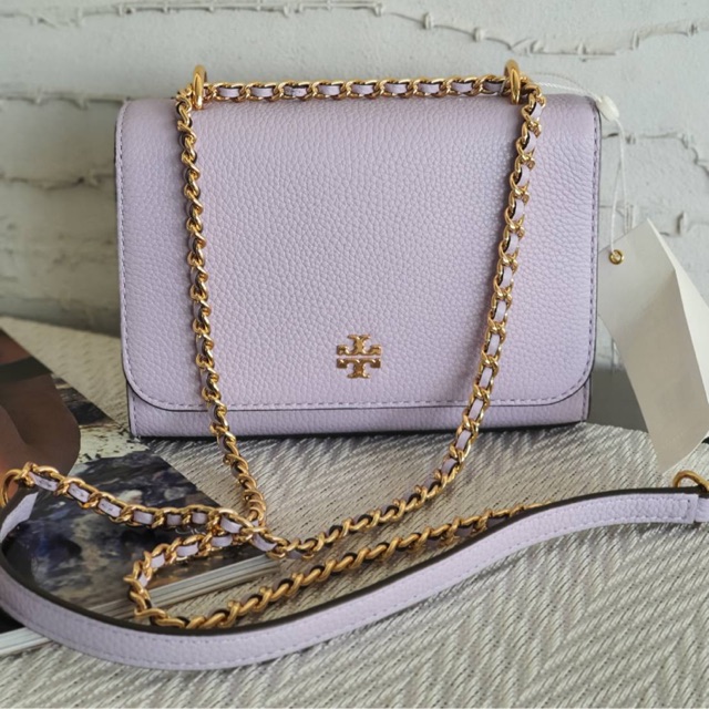 (ผ่อน0%) กระเป๋า สะพายข้าง สายโซ่ หนังแท้ สีม่วงอ่อน Tory burch carter shrunken  shoulder bag 64187