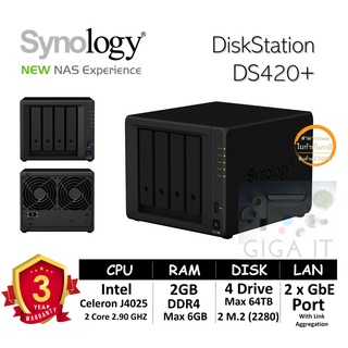 Synology NAS DiskStation รุ่น DS420+ (HDD 4 Bay Max 64TB + 2 M.2, Dual Core 2.9 GHz, 2GB DDR4, 2 GbE) ประกัน 3 ปี