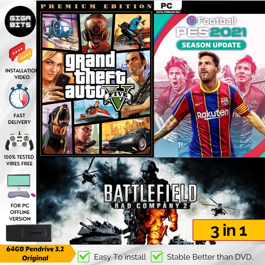 GTA 5 eฟุตบอล PES 2021 Battlefield bad company 2 [ PC Game 64GB Pendrive] เกม Best Collection ติดตั้