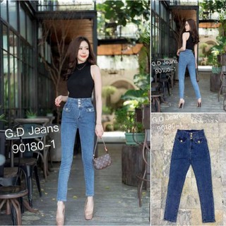 G.D.Jeans รุ่น 90180-1#กางเกงยีนส์แฟชั่นขายาวผ้ายืดเอวสูงสีฟอกทรงเรียบเปิดกระดุมทองหน้าสามเม็ด