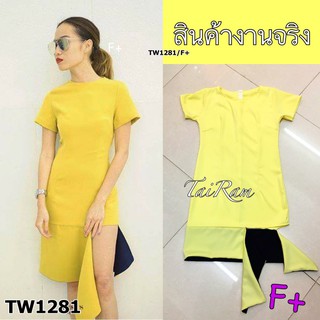 SS1281 Dress เดรสแขนสั้น ตรงชายสั้นข้างยาวข้าง