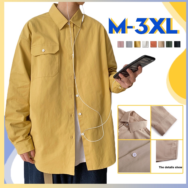 พร้อมส่ง เสื้อเชิ้ตแขนยาวเด็กผู้ชาย, เสื้อเชิ้ตทรงหลวม 3XL กากี, สีดำ, สีขาว