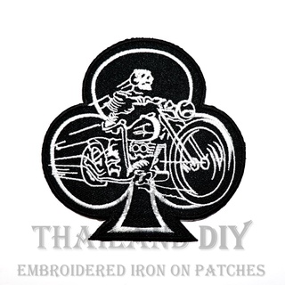 ☠ ตัวรีดติดเสื้อ งานปัก หัวกะโหลก นักแข่ง ไบค์เกอร์ ไพ่ดอกจิก Skeleton Biker Skull Patch ตัวรีด WOP DIY อาร์มติดเสื้อ