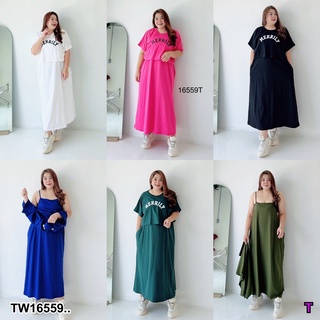 MF16559  #Bigsize เซท 2 ชิ้น เดรสสายเดี่ยวกับเสื้อครอปสกรีนมีกระเป๋า 2 ข้าง งานผ้าไหมอิตาลีเนื้อดี เนื้อนิ่ม ตัวเนื้อผ้า