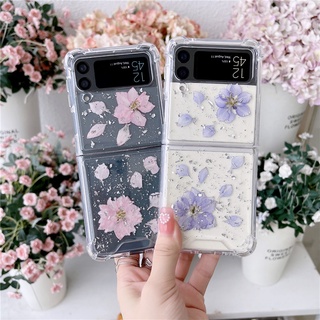 เคสโทรศัพท์ อีพ็อกซี่ ใส ลายดอกไม้แห้ง กลิตเตอร์ฟอยล์สีเงิน กันกระแทก สําหรับ Samsung Galaxy Z flip 5 Z flip 4 Z flip 3 5G Z Flip3