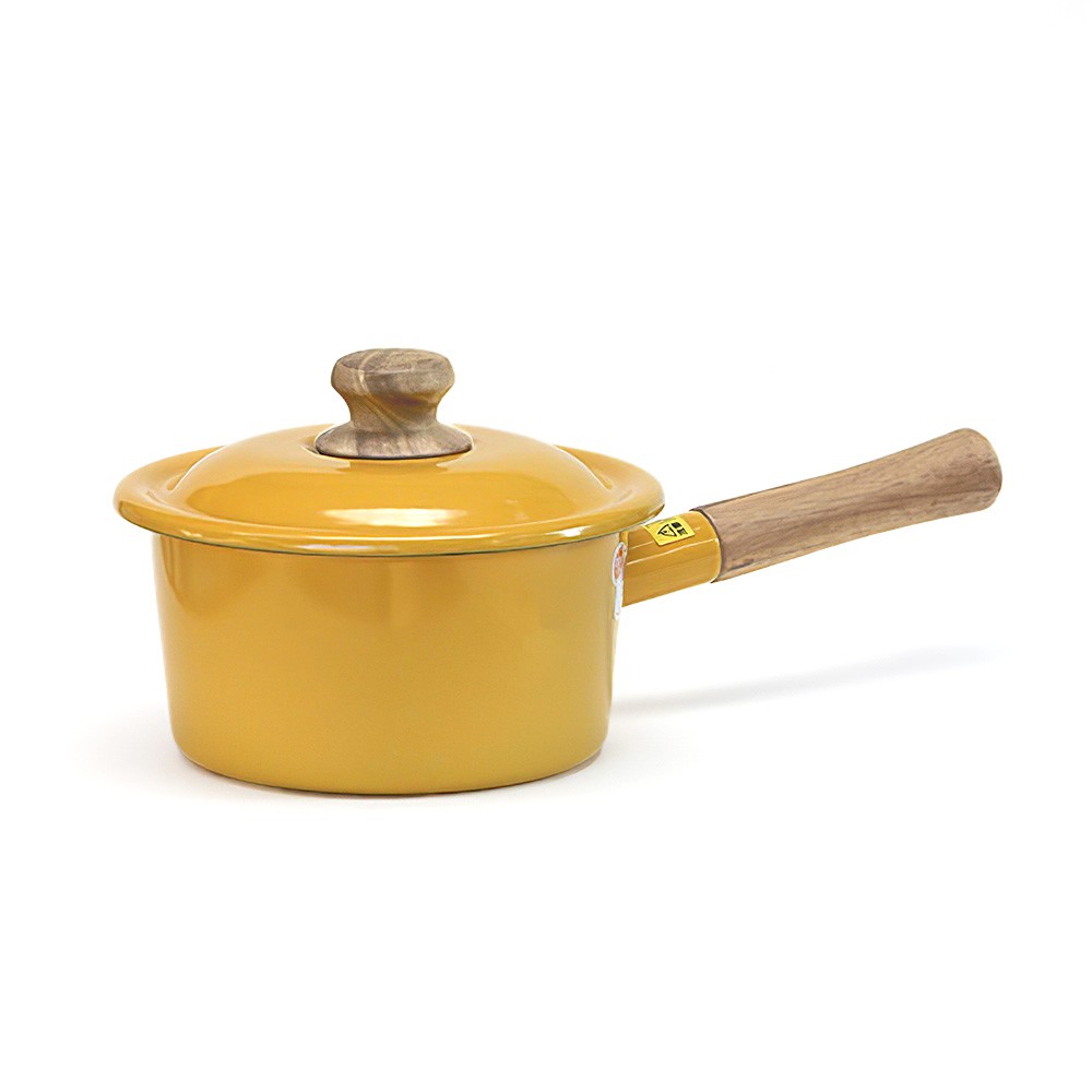 หม้อด้ามอีนาเมลทรงวินเทจมีฝาด้ามไม้ สีเหลือง (16cm. Vintage Enamel Cooking Pot w/ Lid &amp; Wooden Handle)