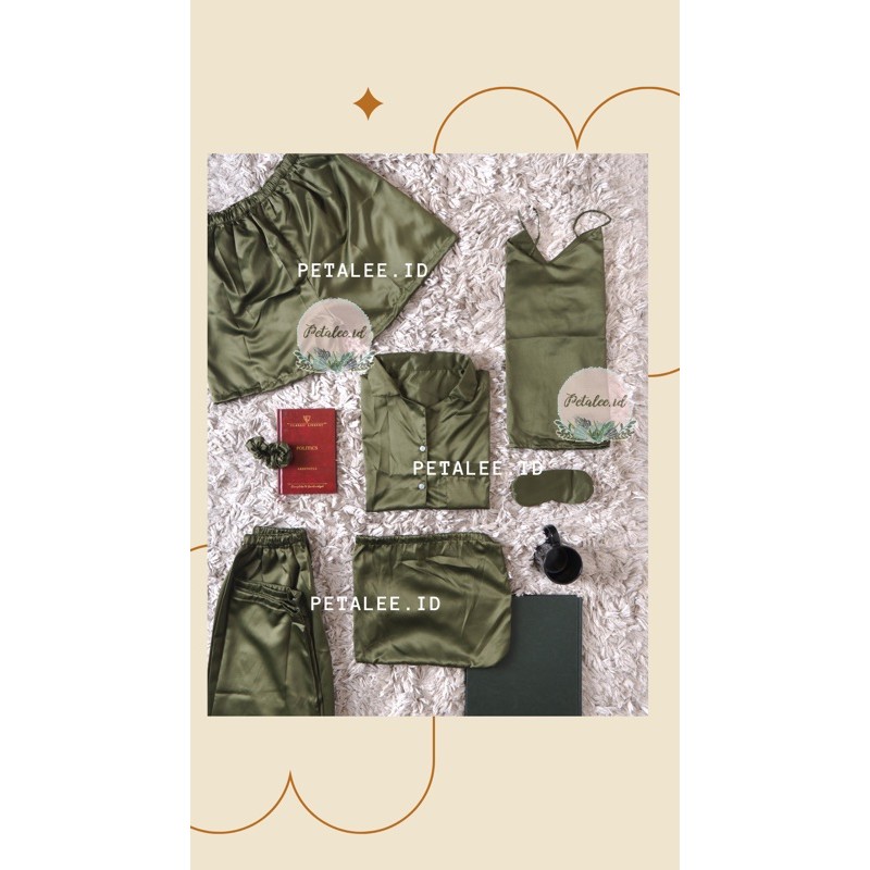 Petalee.id SIGNATURE SET 7IN1 PAJAMA ARMY SATIN SLEEPING CLOTHES