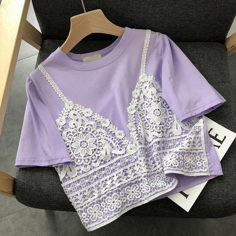พร้อมส่งจากไทย✅ เสื้อครอป คอกลม แขนสั้น แต่งลูกไม้