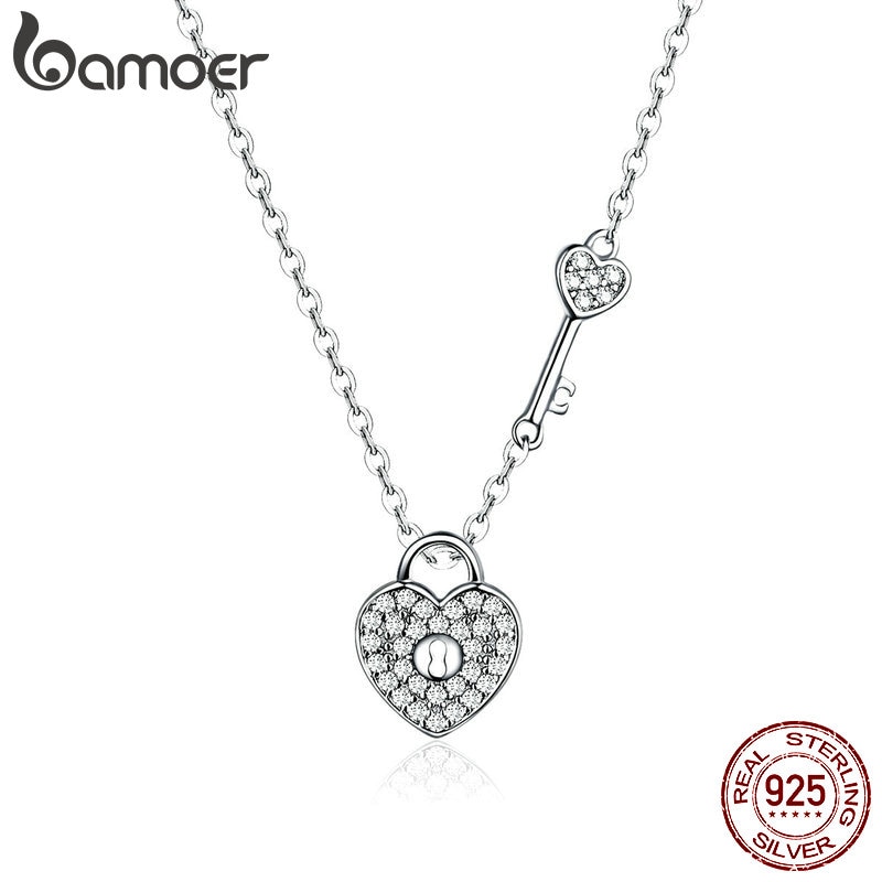 Bamoer บริสุทธิ์ 925 เงินสเตอร์ลิงหัวใจล็อคและ Key Link Chain Choker สร้อยคอผู้หญิงหรูหราเครื่องประด