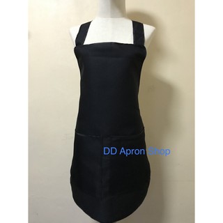 (ขายส่ง)ผ้ากันเปื้อนสีดำผ้าโซลอน สายไขว้หลัง/ดำกุ๊นขอบอย่างด…