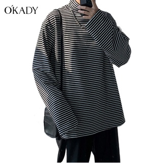 OKADY ฤดูใบไม้ผลิและฤดูร้อนใหม่ผู้ชายแขนยาวเสื้อยืดสีดำและสีขาวลายคอเต่าเสื้อ bottoming นักเรียนคู่แนวโน้มแฟชั่นด้านใน