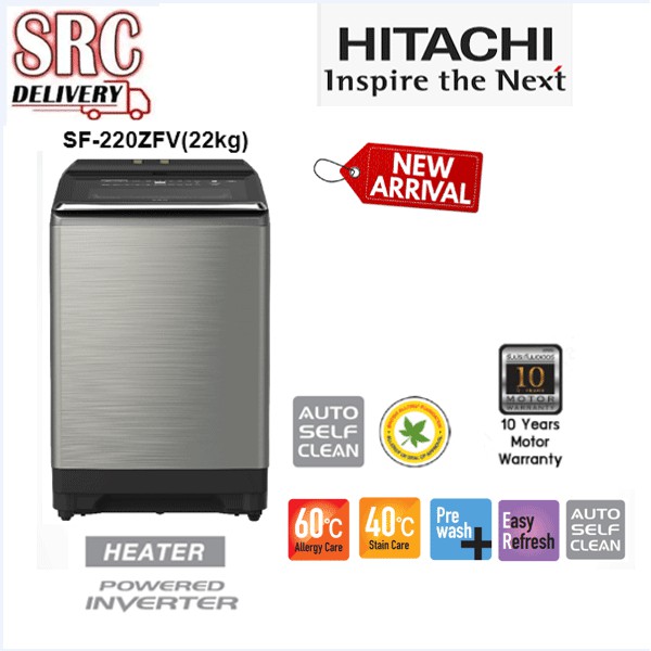 Hitachi เครื่องซักผ้าฝาบน รุ่น SF220ZFV ขนาดถังซัก 22 กก. พร้อมระบบซักน้ำร้อน New 2021 SF-220ZFV