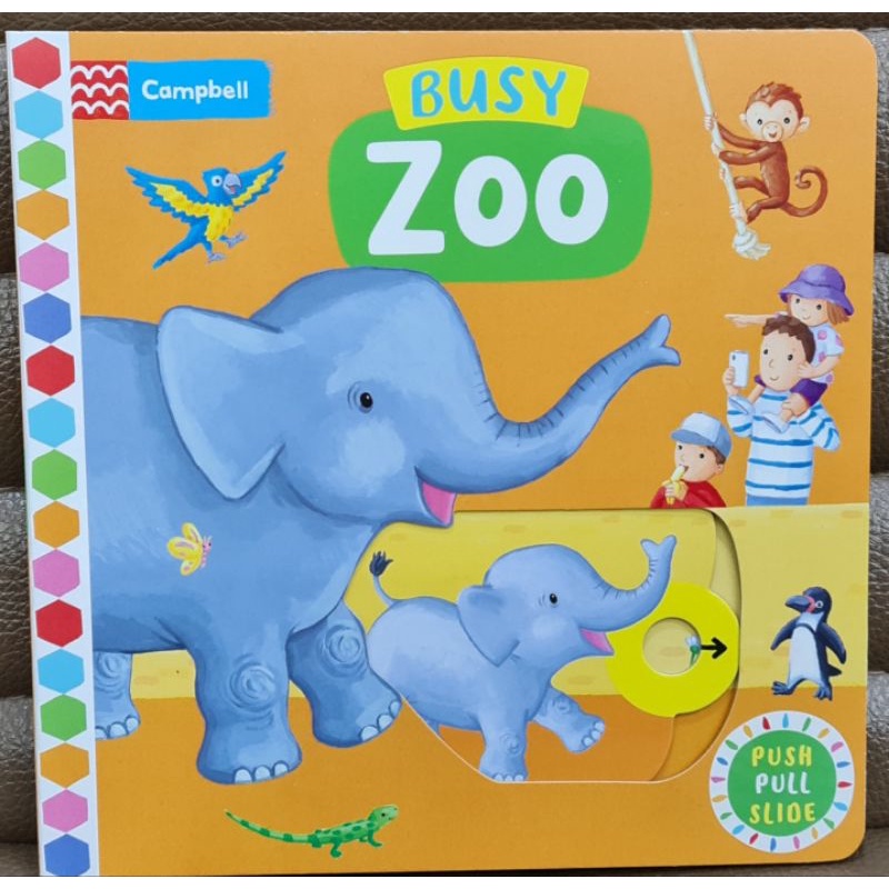 Busy Zoo (push pull slide board book) เหมาะสำหรับ 1+ กระดาษแข็งหนาทุกหน้า