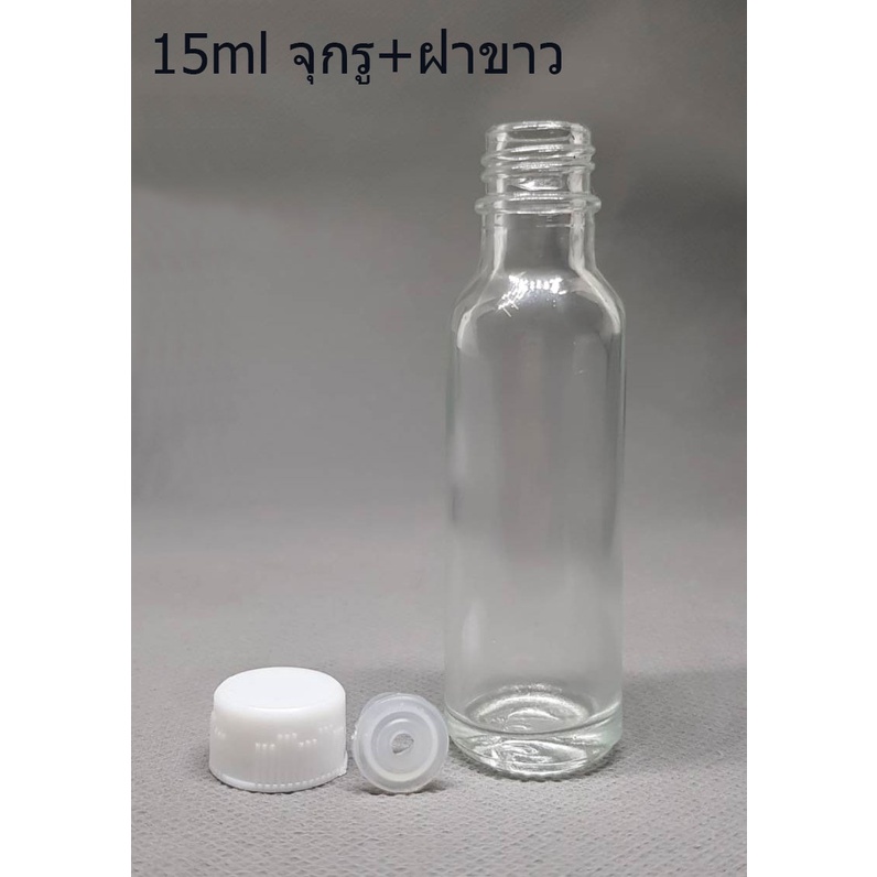 ขวด 15 มล.(100 ใบ) แก้ว กลม ใส + จุก มีรู+ ฝา 14 มม.(GW.=3.500 Kg.)