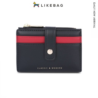 Likebag กระเป๋าสตางค์ ใบสั้น แบบบาง มีซิป สีตัดกัน สําหรับผู้หญิง