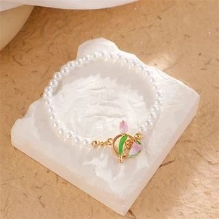 ใหม่ เครื่องประดับ สร้อยข้อมือ จี้ดอกทิวลิป ดอกกุหลาบ สีชมพู ประดับไข่มุกเทียม แฟชั่นฤดูร้อน สําหรับผู้หญิง