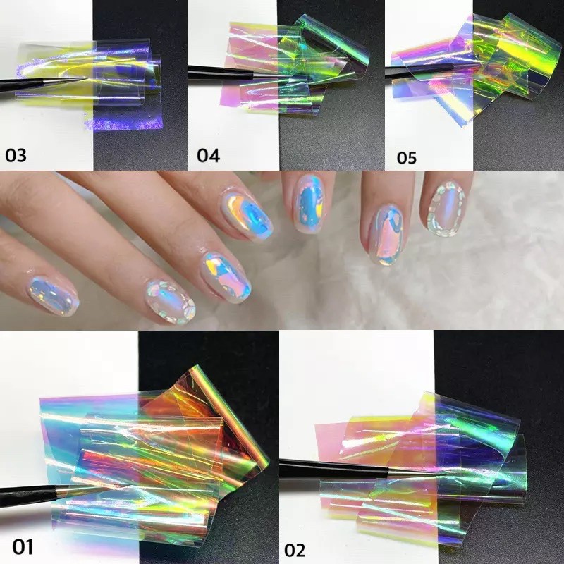 ยาวมา๊ก100cm./ฟอยแก้วเนื้อออโรล่า ใช้งานแบบฝั่งลายบนเล็บ Aurora Nails Foil Film Sticker