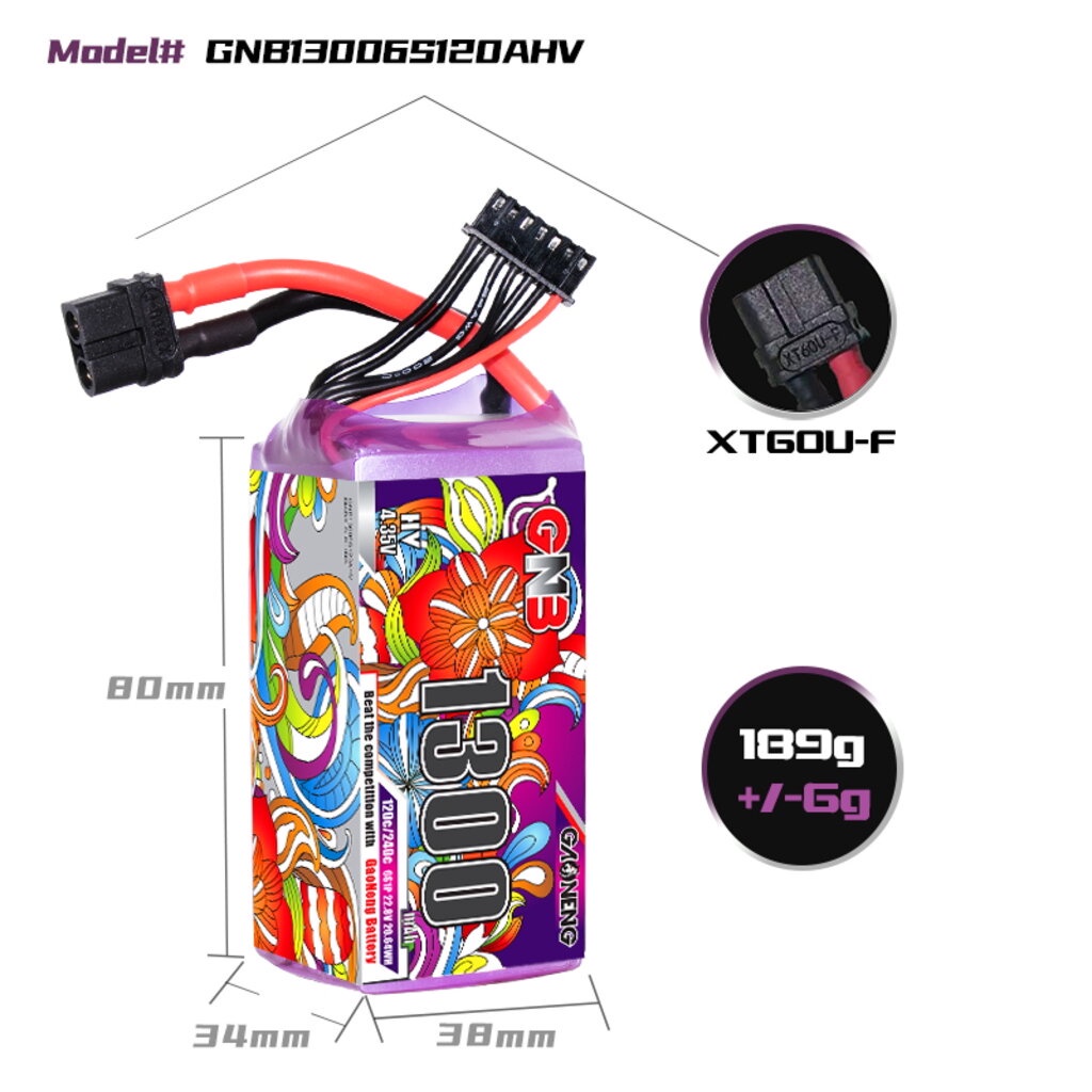 Gaoneng GNB 6S 1300MAH 22.8V 120C/240C HV XT60 Lipo Battery แบตเตอร์รี่ RC รถบังคับเครื่องบิน โดรนจิ๋ว #5