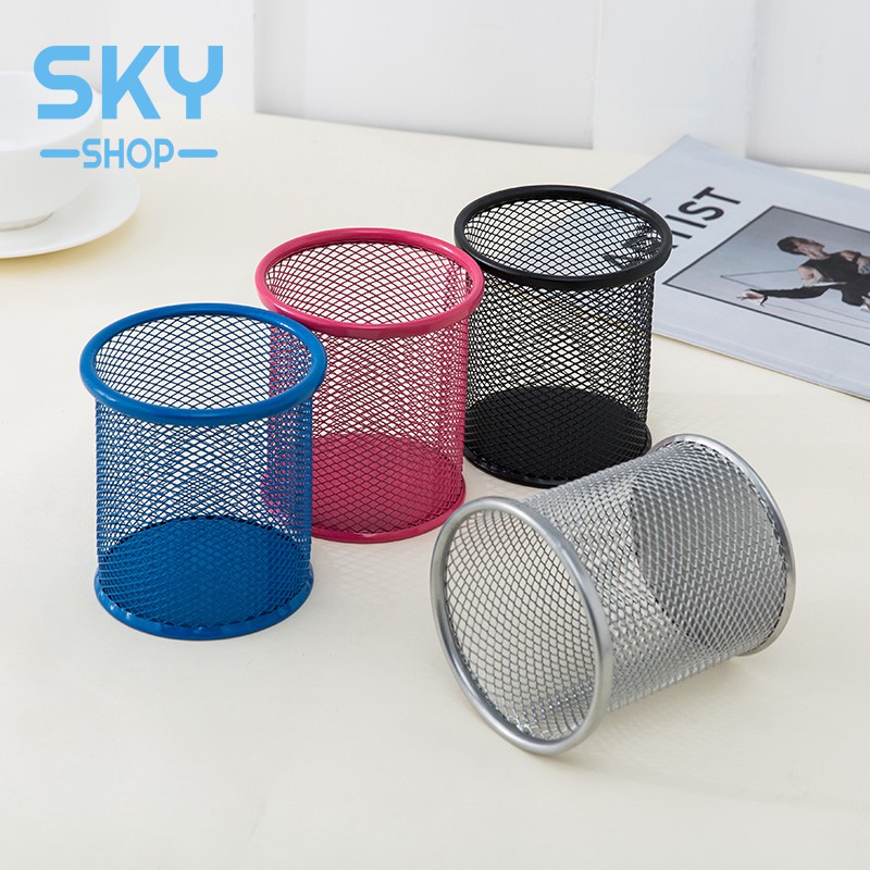 SKY กล่องเหล็กใส่ปากกา กล่องเหล็กใส่เครื่องเขียน ทรงกลม สูง 10 cm กล่องเหล็กอเนกประสงค์ ที่ใส่เครื่องเขียน