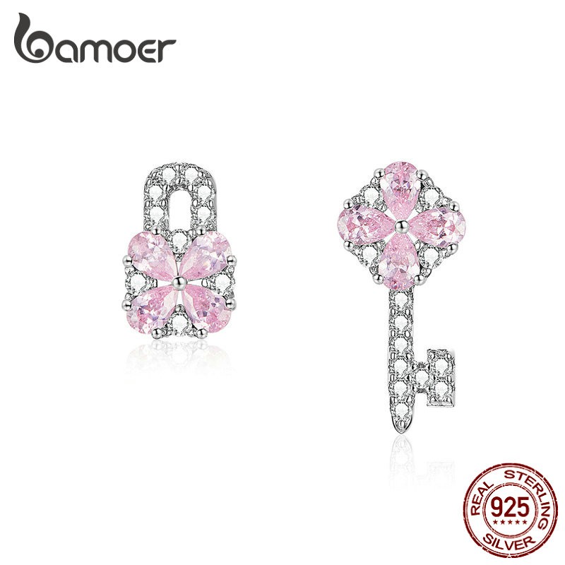 BAMOER 925 Silver Earring The Key Of Heart Lock BSE306