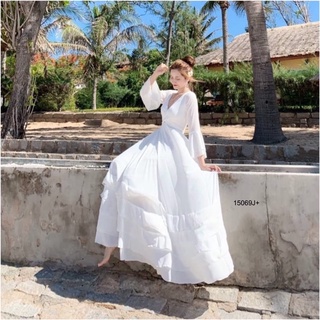 PE15069 Maxi Dress ยาวแขนระฆัง 2ชั้น