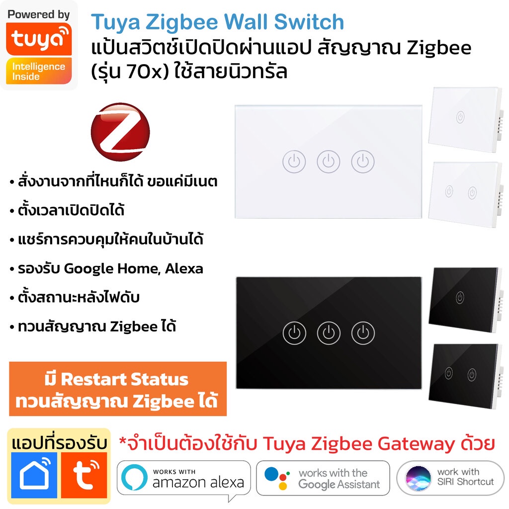 Tuya แป้นสวิตช์ Zigbee เปิดปิด ตั้งเวลาผ่านแอป ต่อ N (70x) สั่งงานด้วยเสียง Google Home/Alexa