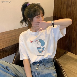 เสื้อยืดโดเรมอนDoraemon T-shirt✽&gt;การ์ตูนฤดูร้อน Doraemon Doraemon เสื้อยืดสีขาวพิมพ์หญิง 2021 ผ้าฝ้ายแท้หลวมฤดูร้อนแขนสั