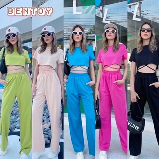 Bentoy(9723/1127)ชุดเซ็ท*เสื้อยืดแขนสั้นเอวลอย+กางเกงขายาวเรียบๆใส่สบาย