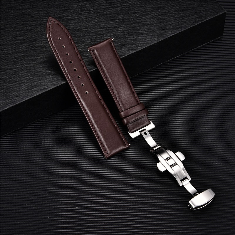 Smooth Genuine Calfskin Leather Watchband 18mm 20mm 22mm Straps with Solid Automatic Butterfly Buckle Business Watch Band