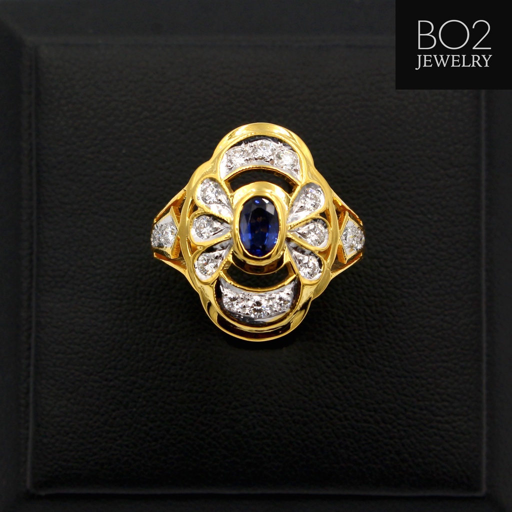 แหวนทองแท้ หลุดจำนำ size 59 แหวนไพลินจันท์ ประดับเพชรแท้เกสร ทองคำแท้ 18k