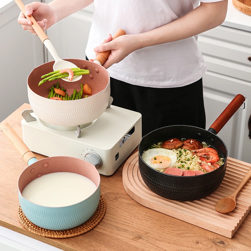 ✔❐۩Kitchen Nonstick Saucepan with Wooden Handle Multi-purpose Induction Cooker Universal Frying Pans Milk Cooking Pots K