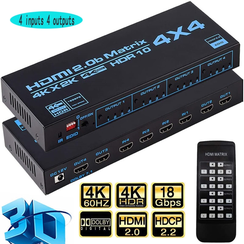 HDMI Matrix Switch 4x4, 4K HDMI Matrix Switcher Splitter 4 In 4 Out Box